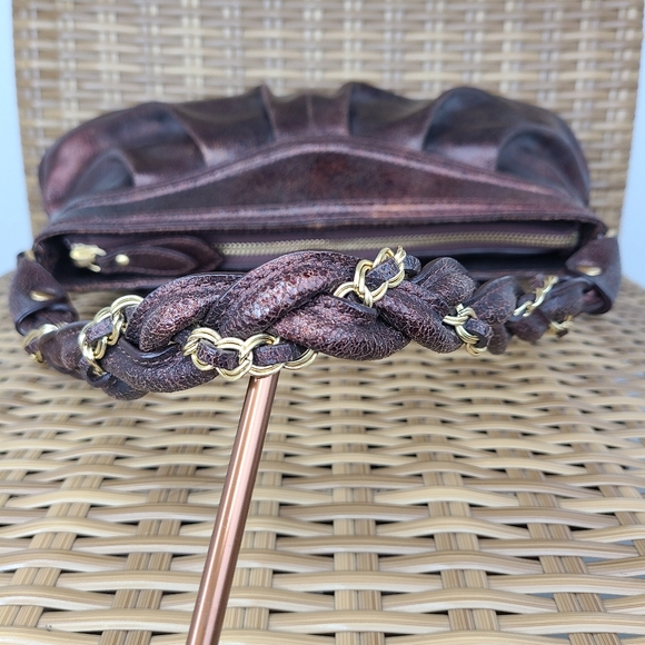 Elliott Lucca Bag Shoulder Handbag Leather Distressed Maroon Gold Hardware Braid - Picture 10 of 15